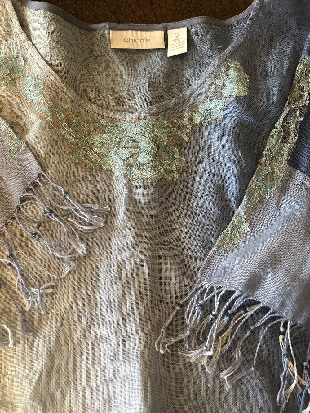 Chico's Blue Linen-Blend Tunic with Embroidery and Fringe